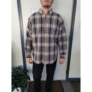 90s Beige and Blue Plaid Flannel Shirt‎